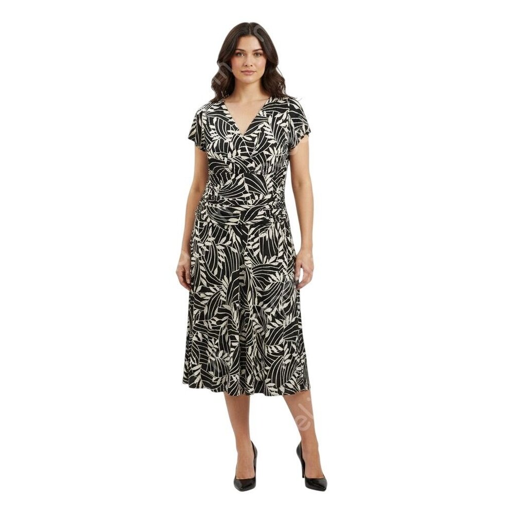 London Times Plus 16W Palm Print Faux Wrap Dress Ruched Brown Ivory Tropical